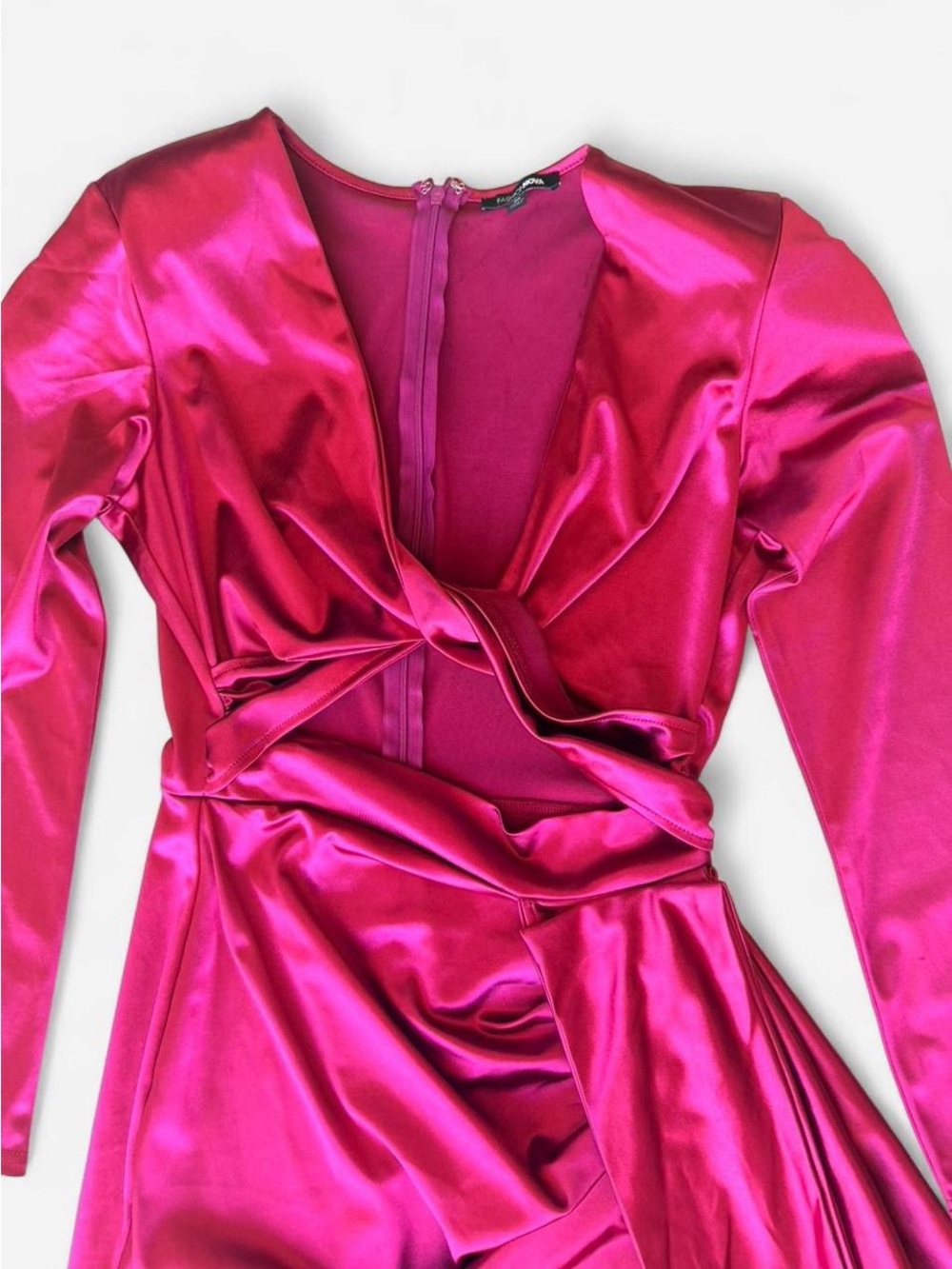 Fashion Nova Fuchsia Satin Long-Sleeve Wrap Mini Dress - Picture 4 of 7